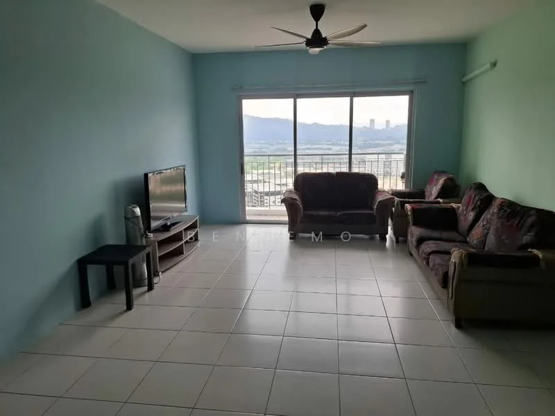 Living features: light blue painted walls, white tiled flooring, 5-blade ceiling fan, sofa with floral pattern, 2-seater fabric sofa, coffee table, wall-mounted TV, floor-to-ceiling windows, mountain view; style: modern; view: mountain.