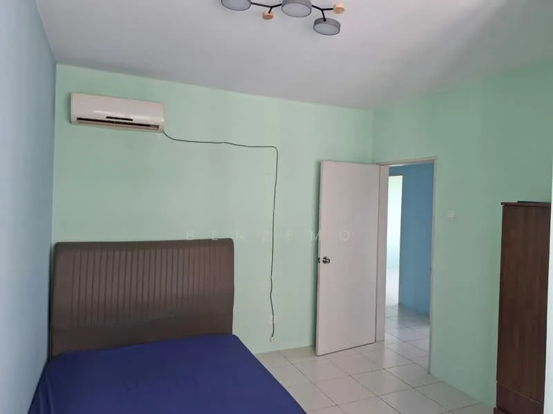 Bedroom features: green painted walls, white ceiling, 1 wall-mounted split AC, double bed with upholstered headboard, tile flooring, door leading to another room, window with natural light, light fixture with multiple bulbs.