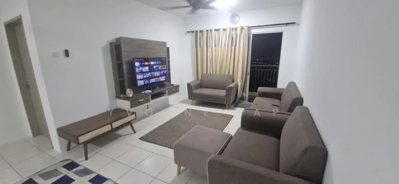 Living features: light grey painted walls, white ceiling, 5-blade ceiling fan, wall-mounted TV, wooden TV console, two brown fabric armchairs, brown fabric 3-seater sofa, area rug in neutral color, curtains in light beige, sliding glass door with city view, tiled flooring in white, decorative wall clock; style: modern; view: city.