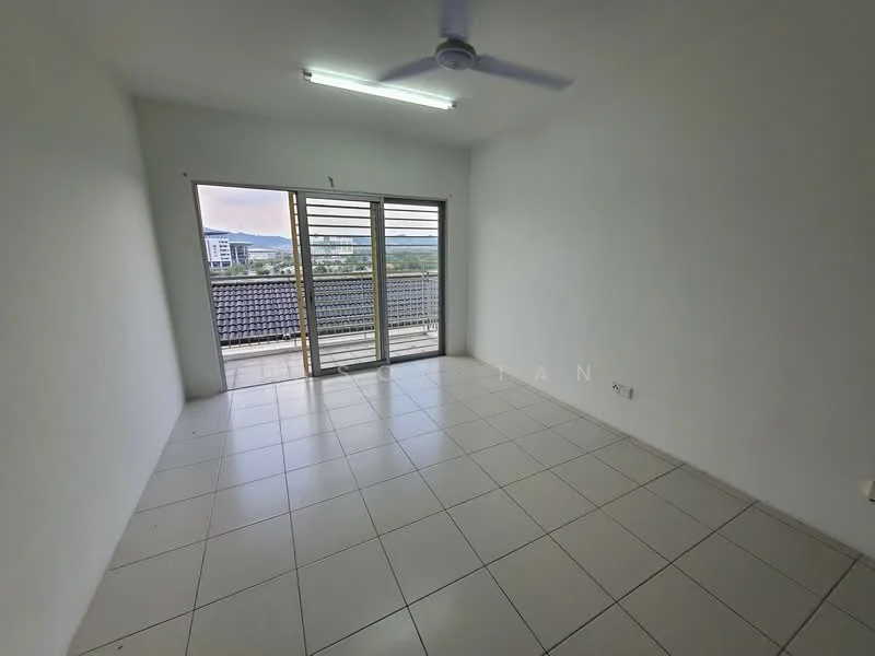 Room features: white painted walls, tile flooring, sliding glass door, floor-to-ceiling windows, ceiling fan, balcony access, natural light, view of city skyline; view: city.