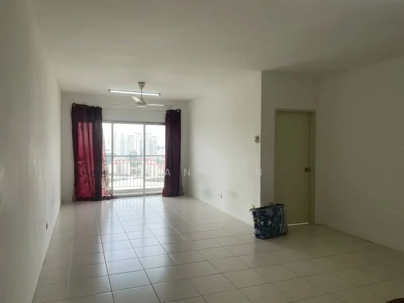 Living features: white painted walls, white tiled flooring, 5-blade ceiling fan, floor-to-ceiling windows, sliding glass door, red curtains, neutral decor, balcony view, single door, minimalist style; style: minimalist; view: city.