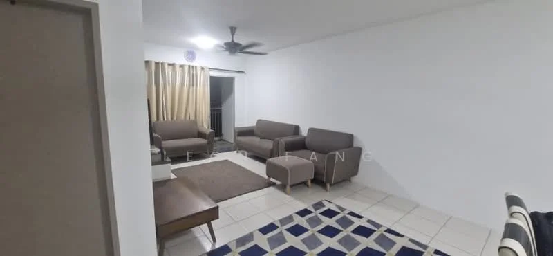 Living features: 3-seater fabric sofa in grey, 2 armchairs in grey, coffee table, area rug with geometric pattern, ceiling fan, floor-to-ceiling windows, curtains in beige, white painted walls, tile flooring; style: modern.