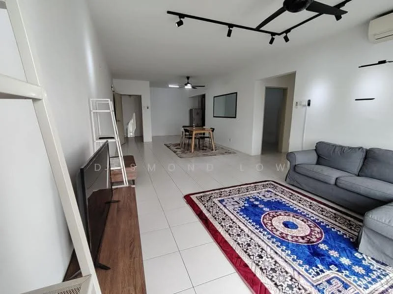 Living features: grey fabric sofa, 3-seater sofa, area rug with intricate pattern, wooden TV console, wall-mounted TV, dining table for 4, ceiling fan, recessed downlights, white painted walls, tile flooring; style: modern.