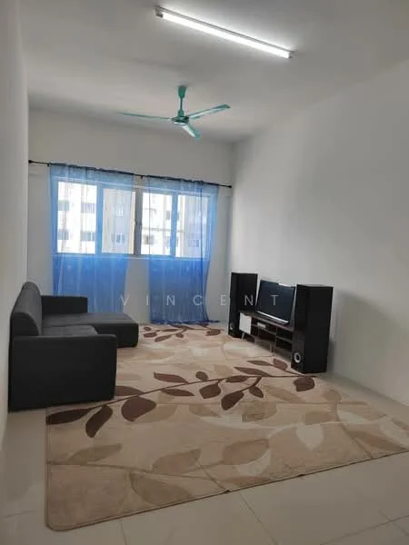 Living features: 3-seater fabric sofa in grey, area rug with leaf pattern, wall-mounted TV, TV console, floor-to-ceiling windows, blue sheer curtains, ceiling fan, white painted walls, glossy tile flooring, recessed lighting; style: modern.