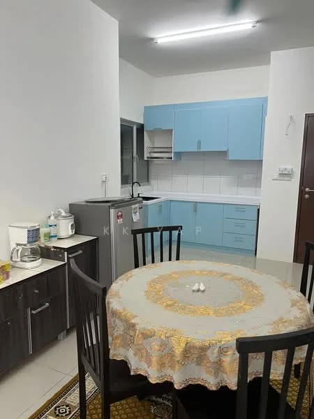 Kitchen features: blue upper cabinets, white lower cabinets, white tiled backsplash, stainless-steel fridge, built-in oven, 4-burner gas hob, single-bowl stainless-steel sink, chrome pull-down faucet, dining table with decorative tablecloth, black dining chairs, white walls, tile flooring, overhead fluorescent lighting; style: modern.