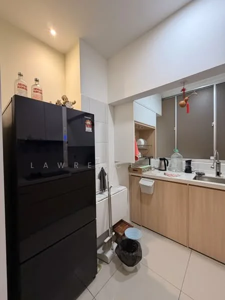 Kitchen features: black refrigerator, white cabinetry, light-colored countertop, sink with faucet, kettle, glass water dispenser, window with blinds, ceramic tile flooring, wall-mounted shelf, decorative items on shelf; style: modern.