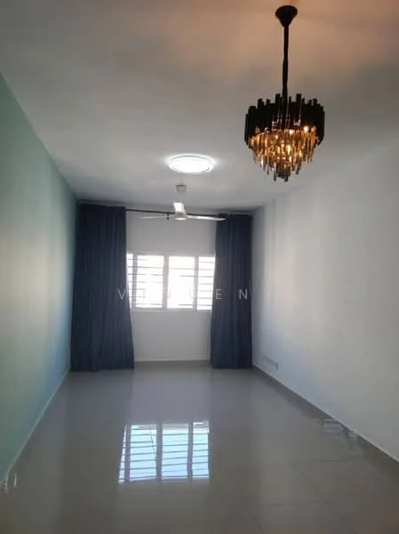 Room features: white painted walls, light blue accent wall, glossy tile flooring, chandelier light fixture, recessed ceiling light, floor-to-ceiling windows with curtains, curtains in dark blue, ceiling fan; style: modern.