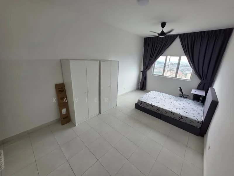 Bedroom features: white painted walls, tile flooring, 5-blade ceiling fan, floor-to-ceiling window, blackout curtains, queen-size bed, upholstered headboard, built-in wardrobe, study desk, chair; style: modern; view: city.