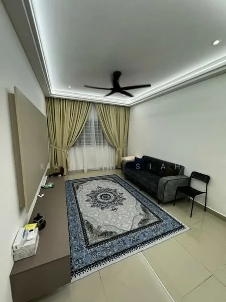 Living features: grey fabric sofa, area rug with intricate pattern, wall-mounted TV console, ceiling fan with light, recessed downlights, curtains in beige, tiled flooring, side table, black chair; style: modern.