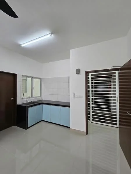 Kitchen features: black countertop, light blue cabinetry, white tiled backsplash, single-bowl stainless-steel sink, chrome pull-down faucet, wall-mounted light fixture, sliding door, ceramic tile flooring, white painted walls, window with grid pattern; style: modern.