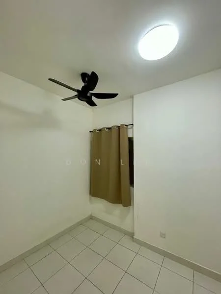 Room features: white painted walls, tile flooring, ceiling fan, curtains, light fixture.