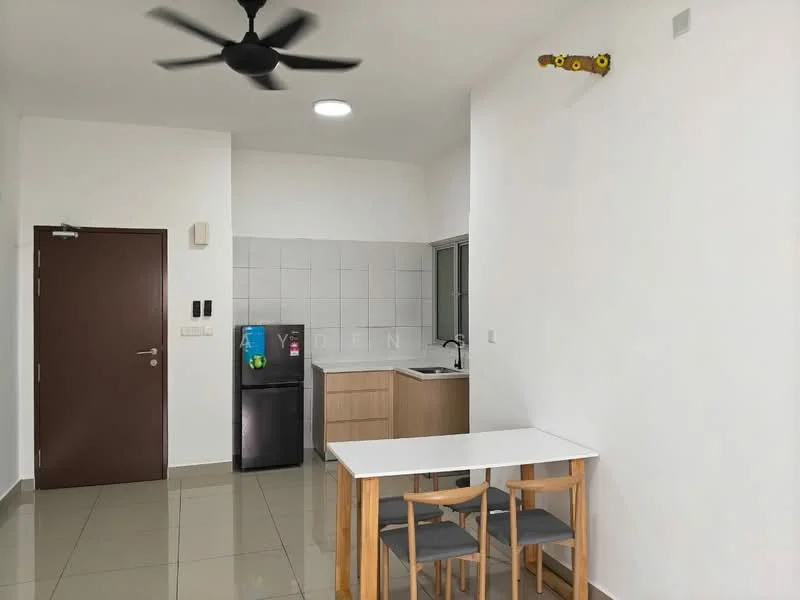 Kitchen features: white painted walls, grey tiled backsplash, laminate cabinetry in light wood, single-bowl stainless-steel sink, chrome pull-down faucet, built-in fridge in black, ceramic tile flooring, 5-blade ceiling fan with light, window with view to outside, dining table with white top and wooden legs, 4 wooden dining chairs; style: modern.