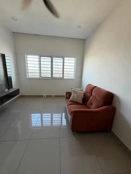 Living features: red fabric 2-seater sofa, wall-mounted TV console, large windows with horizontal slats, glossy ceramic tile flooring, white painted walls, recessed ceiling lights, ceiling fan, decorative throw pillow; style: modern.