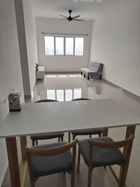 Living features: white painted walls, glossy ceramic tile flooring, 5-blade ceiling fan with light, large windows with city view, grey fabric sofa, dining table with wooden legs, 2 grey upholstered dining chairs, decorative plant on table, natural light from windows; style: modern; view: city.