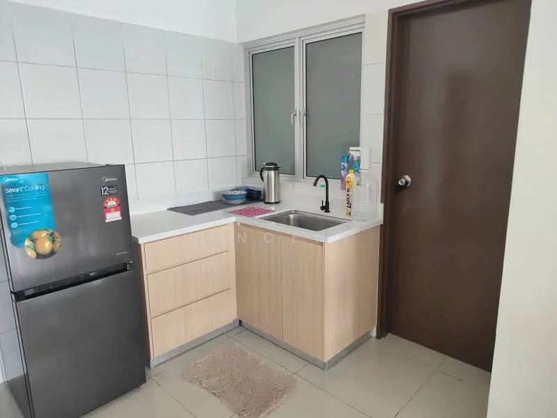 Kitchen features: stainless-steel fridge, single-bowl stainless-steel sink, chrome pull-down faucet, laminate countertop, wood cabinetry, white tiled backsplash, ceramic tile flooring, window with sliding glass, kitchen mat; style: modern.