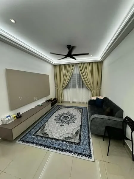 Living features: grey fabric sofa, black dining chair, area rug with intricate pattern, wall-mounted TV console, recessed LED downlights, 5-blade ceiling fan with light, floor-to-ceiling windows with sheer curtains, decorative wall panel, cream painted walls, tile flooring; style: modern.
