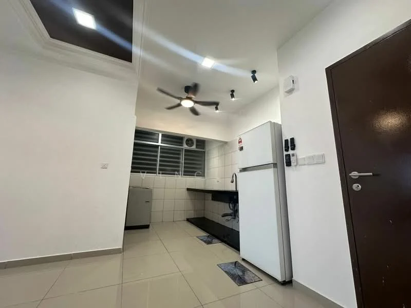 Kitchen features: white painted walls, glossy tile flooring, 5-blade ceiling fan with light, stainless-steel fridge, built-in kitchen cabinet, black countertop, single-bowl stainless-steel sink, wall-mounted microwave, window with horizontal blinds, recessed ceiling lights; style: modern.
