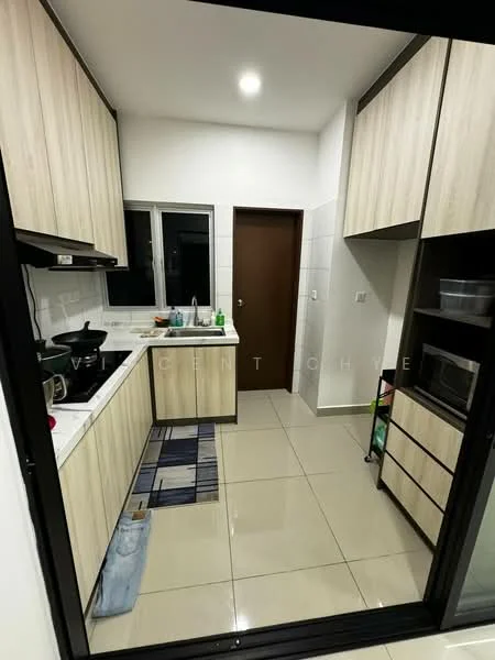 Kitchen features: light wood cabinetry, white tiled backsplash, black countertop, stainless-steel sink, chrome pull-down faucet, built-in microwave, freestanding range oven, ceramic tile flooring, recessed downlights, window above sink, open shelving, kitchen rug, green storage cart; style: modern.