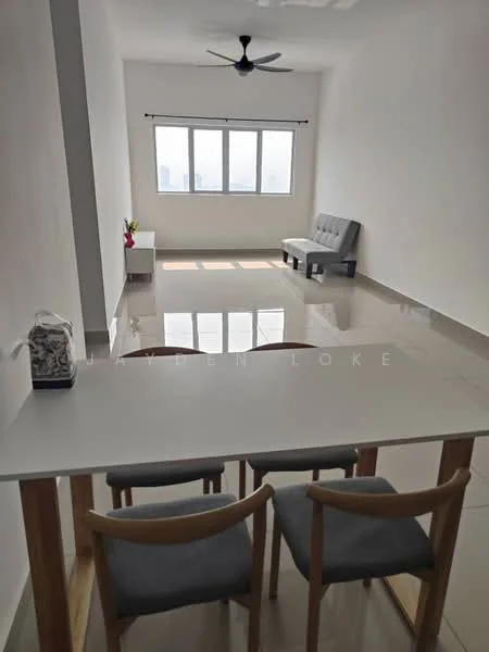 Living features: grey fabric sofa, white walls, polished tile flooring, 5-blade ceiling fan, large windows with city view, natural light from windows, decorative plant on window sill, dining table with wooden legs, 2 upholstered dining chairs; style: modern; view: city.