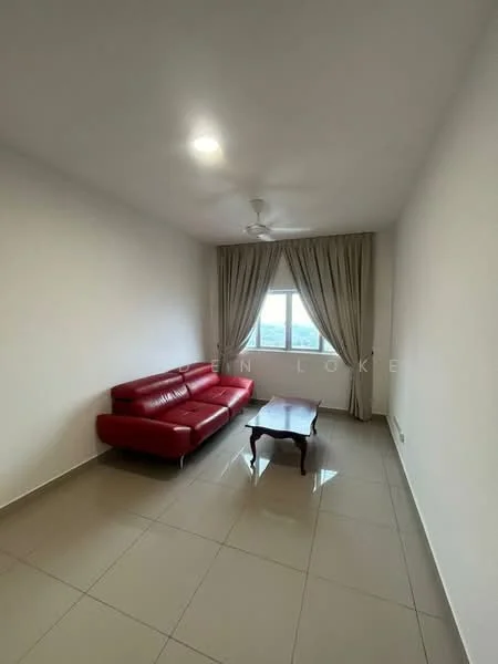 Living features: red leather sofa, coffee table, white painted walls, glossy tile flooring, ceiling fan, floor-to-ceiling window, curtains, natural light; style: modern; view: city.