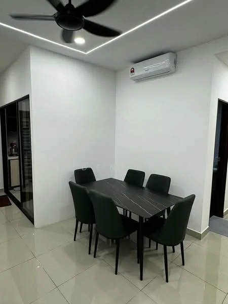 Dining features: 6-seater dining table, black marble tabletop, green upholstered dining chairs, white painted walls, recessed LED downlights, wall-mounted split AC, glossy ceramic tile flooring, ceiling fan; style: modern.