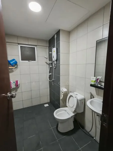 Bathroom features: grey tiled walls, white tiled walls, black floor tiles, shower with handheld shower head, water heater, toilet, single-sink vanity, framed mirror, window, shelf with toiletries; style: modern.