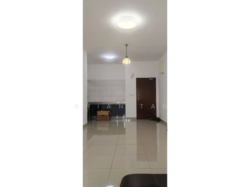 Room features: glossy tile flooring, white painted walls, recessed ceiling lights, pendant light fixture, kitchenette with black countertop, white cabinetry, stainless-steel sink, built-in wall unit, door leading to another room, air conditioning unit; style: modern.