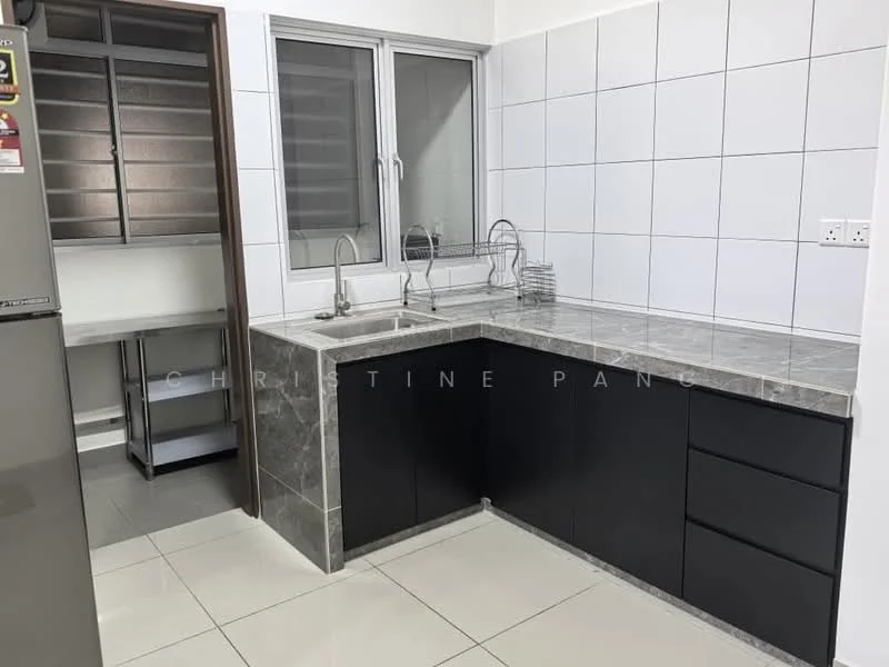 Kitchen features: single-bowl stainless-steel sink, chrome pull-down faucet, grey marble countertop, black flat-panel cabinets, white tiled backsplash, white tiled walls, ceramic tile flooring, window with metal grille, open shelving, built-in storage unit; style: modern.