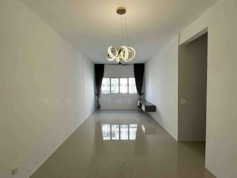 Living features: white painted walls, glossy tile flooring, 5-blade ceiling fan with light, floor-to-ceiling windows, blackout curtains, wall-mounted shelf, recessed lighting; style: modern; view: city.