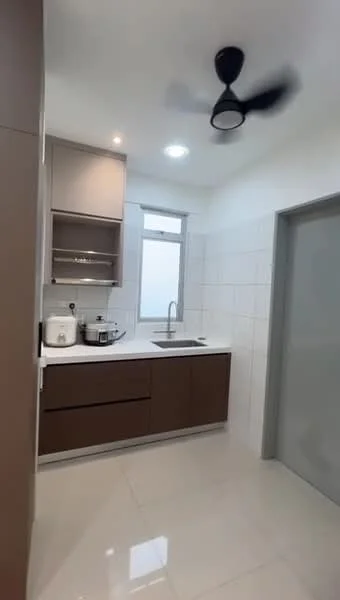 Kitchen features: brown cabinetry, white countertop, single-bowl stainless-steel sink, chrome pull-down faucet, built-in microwave, ceramic tile flooring, recessed downlights, 5-blade ceiling fan, window for natural light, white tiled backsplash, open shelving, kitchen appliances, wall-mounted cabinets; style: modern.