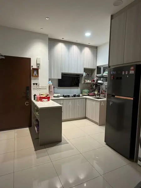 Kitchen features: light grey cabinetry, white countertop, stainless-steel sink, chrome pull-down faucet, built-in gas stove, exhaust hood, microwave, refrigerator, ceramic tile flooring, recessed downlights, wall-mounted cabinets, open shelving, kitchen island with seating; style: modern.
