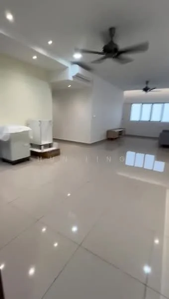 Living features: glossy ceramic tile flooring, white painted walls, recessed downlights, 2 ceiling fans, large windows with natural light, neutral-colored sofa, wooden console table, water dispenser, open layout, no visible decor; style: modern.