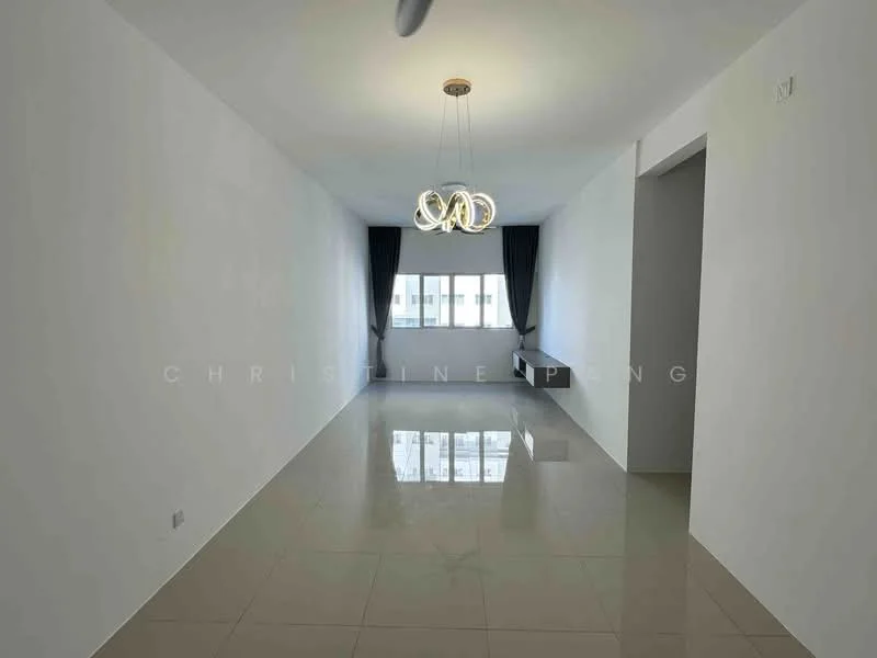 Living features: white painted walls, glossy ceramic tile flooring, chandelier light fixture, floor-to-ceiling window, blackout curtains, built-in shelf, neutral color palette, open layout; style: modern.