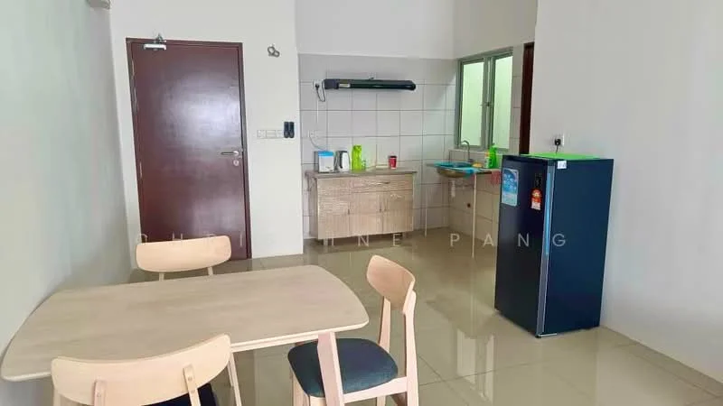 Kitchen features: white tiled walls, cream cabinetry, stainless-steel sink, chrome pull-down faucet, built-in countertop, refrigerator, kitchen island, dining table with chairs, ceramic tile flooring, window with natural light; style: modern.