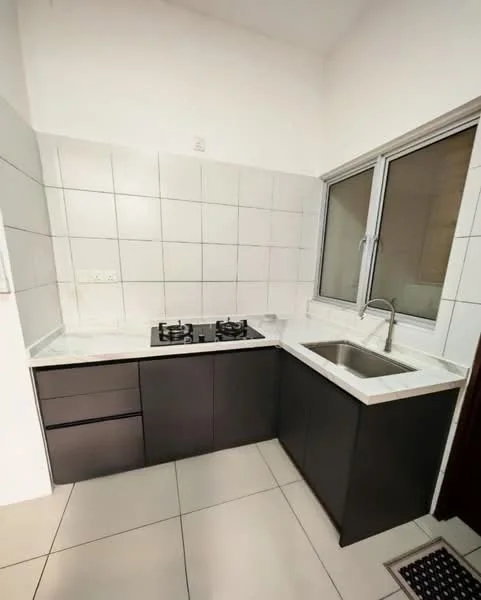 Kitchen features: black cabinetry, white marble countertop, double-bowl stainless-steel sink, chrome pull-down faucet, 4-burner gas hob, white tiled backsplash, white tiled walls, grey floor tiles, window with sliding design; style: modern.