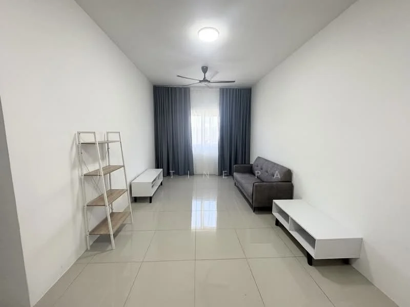 Living features: white painted walls, glossy tile flooring, 5-blade ceiling fan with light, floor-to-ceiling window with sheer curtains, grey fabric sofa, white TV console, wooden open shelving unit, recessed ceiling lights; style: modern.