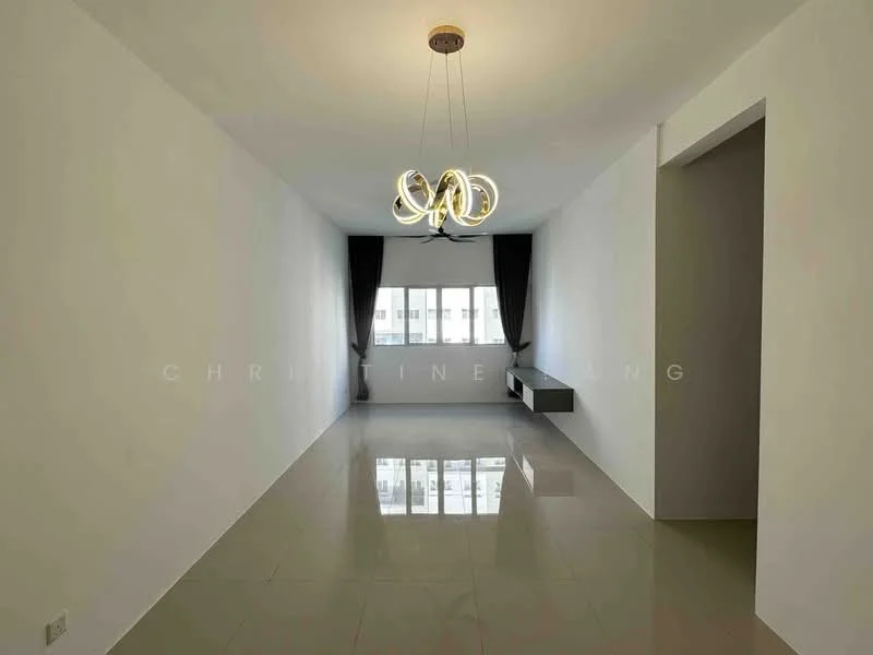 Living features: white painted walls, glossy tile flooring, chandelier with multiple bulbs, floor-to-ceiling windows, blackout curtains, built-in wall shelf, neutral color palette, open layout; style: modern; view: city.