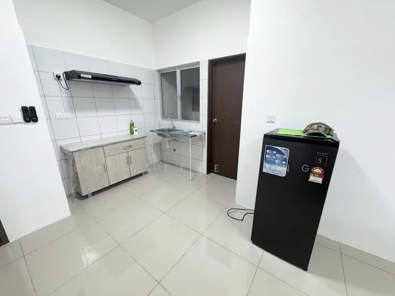 Kitchen features: white painted walls, grey tiled flooring, single-bowl stainless-steel sink, chrome pull-down faucet, kitchen cabinetry with wood finish, black refrigerator, built-in kitchen hood, window for natural light, countertop space, wall-mounted light fixture; style: modern.