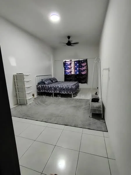 Bedroom features: queen-size bed, upholstered headboard, bedside table, floor-to-ceiling window, blackout curtains, ceiling fan, grey area rug, white painted walls, glossy tile flooring, open shelving unit; style: minimalist.