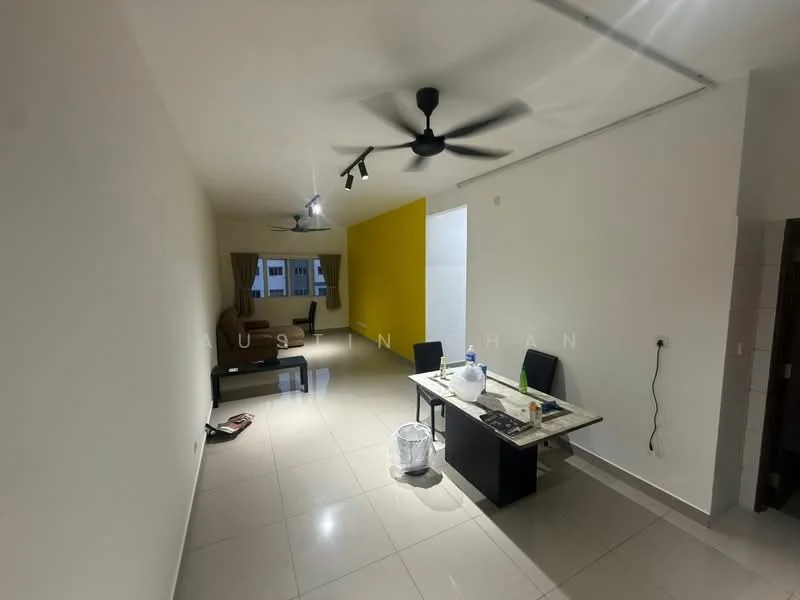 Living features: white painted walls, yellow accent wall, polished tile flooring, 5-blade ceiling fan, recessed downlights, sofa, dining table, chairs, window with curtains; style: modern.