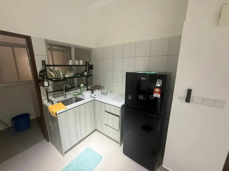 Kitchen features: single-bowl stainless-steel sink, chrome pull-down faucet, white laminate countertop, grey cabinetry, black fridge, open shelving, ceramic tile flooring, wall-mounted storage rack, window with glass panes, kitchen towels, cleaning supplies, green area rug; style: modern.