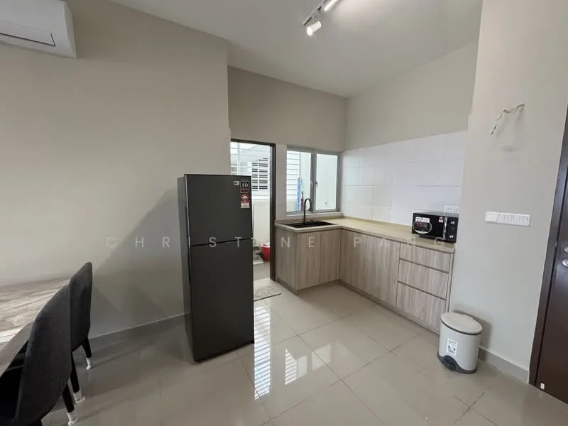 Kitchen features: single-bowl stainless-steel sink, chrome pull-down faucet, laminate countertop, wood cabinetry, built-in microwave, stainless-steel fridge, ceramic tile flooring, white tiled backsplash, recessed downlights, window with view to outside, dining table with chairs, waste bin; style: modern.