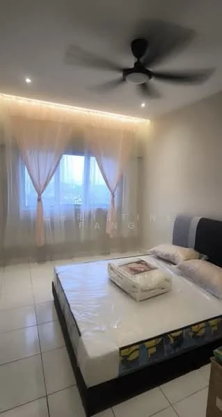 Bedroom features: queen-size bed, upholstered headboard, bedside lamps, ceiling fan, floor-to-ceiling window, sheer curtains, recessed lighting, white painted walls, tile flooring; style: modern; view: city.