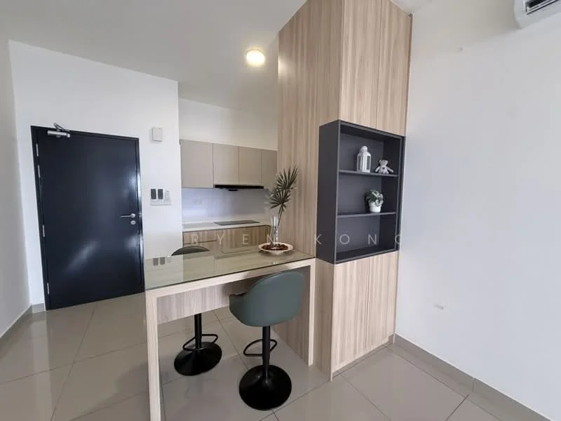 Kitchen features: light brown cabinetry, white countertops, stainless-steel sink, chrome faucet, bar counter with two stools, grey upholstered stools, open shelving, recessed ceiling lights, glossy tile flooring, white walls, built-in microwave, kitchen appliances not visible; style: modern.