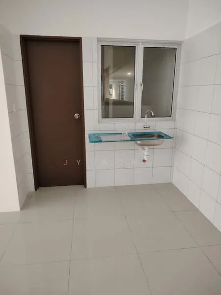 Laundry features: white tiled walls, light grey floor tiles, single-bowl stainless-steel sink, blue countertop, window with white frame, brown door, wall-mounted faucet; style: modern.