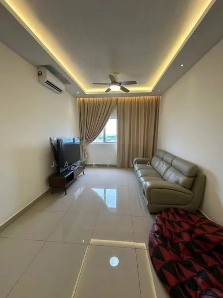 Living features: cream painted walls, glossy tile flooring, 5-blade ceiling fan with light, recessed downlights, floor-to-ceiling window, sheer curtains, light grey leather sofa, black TV console, wall-mounted TV, decorative throw blanket; style: modern; view: city.