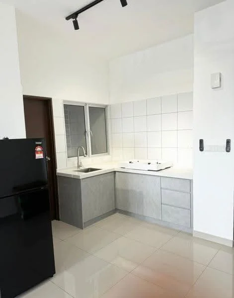 Kitchen features: black refrigerator, single-bowl stainless-steel sink, chrome pull-down faucet, white tiled backsplash, grey cabinetry, white countertop, built-in stove with two burners, wall-mounted extractor fan, floor-to-ceiling window, recessed lighting, glossy tile flooring; style: modern.