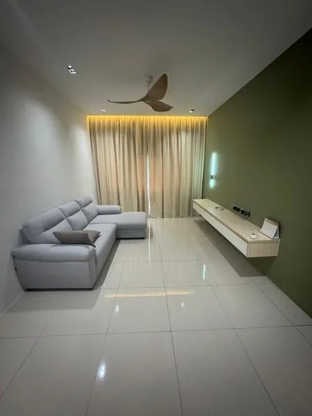 Living features: 3-seater fabric sofa in light grey, wall-mounted TV console in white, floor-to-ceiling windows, sheer curtains, green accent wall, recessed downlights, 5-blade ceiling fan, polished ceramic tile flooring, LED strip lighting, decorative wall paneling; style: modern.