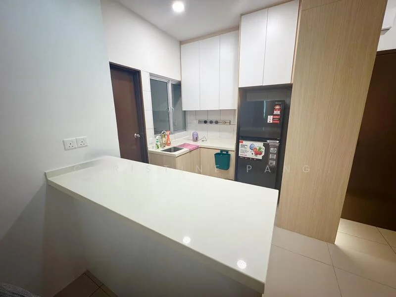 Kitchen features: white quartz countertop, white upper cabinets, wooden lower cabinetry, stainless-steel fridge, built-in oven, sink with faucet, ceramic tile flooring, window above sink, kitchen island with seating, wall-mounted cabinets, dish soap dispenser, kitchen utensils on countertop; style: modern.