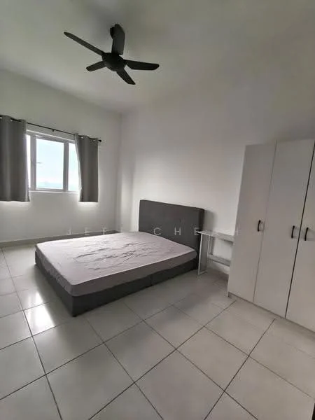 Bedroom features: queen-size bed with grey upholstered headboard, 2 bedside tables, white wardrobe with sliding doors, grey curtains, floor-to-ceiling window, ceiling fan, white painted walls, tile flooring; style: modern; view: city.